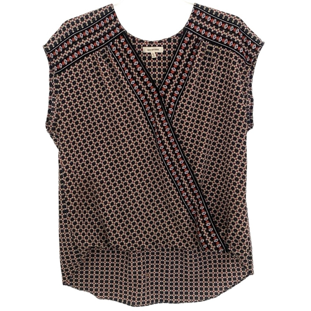 Max Studio Black Navy Cream Geometric Surplice Blouse